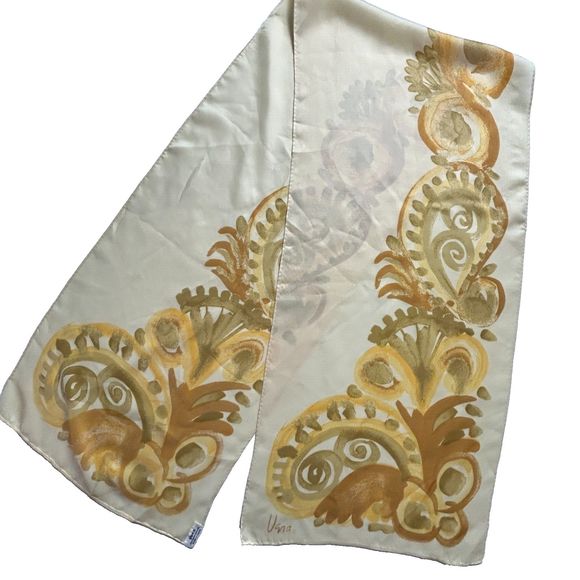 Vera Neumann Accessories - Vintage Vera Neumann Rayon Silk Gold Paisley Rectangle Scarf 11.5 X 53"